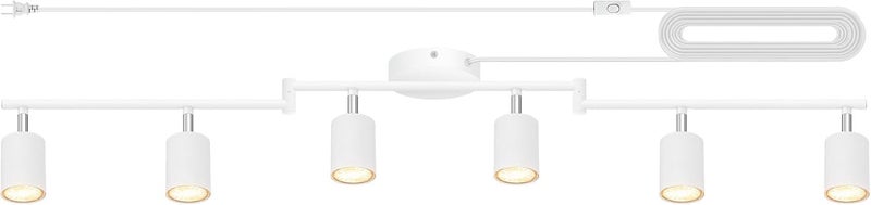 AUQUEE Track Lighting Plug in, LED Track Lighting Fixtures Ceiling Kit, White 6-Light Ceiling Light Plug-in, Wall Light with 14.8ft Power Cord, Rotatable Kitchen Spotlight for Bedroom(GU10 Socket, NO Bulb) - Image 1